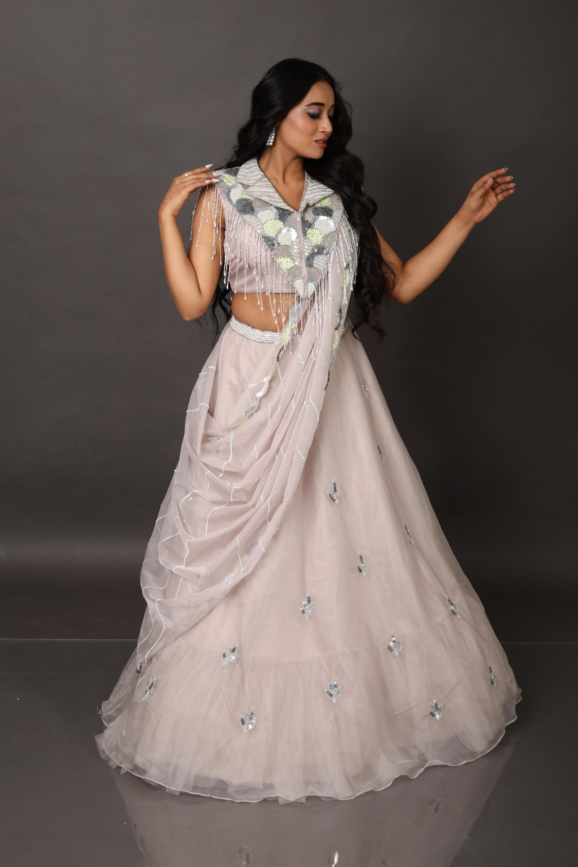 Pearl Mist Hand-Embroidered Lehenga with Mirror Work Jacket Dupatta